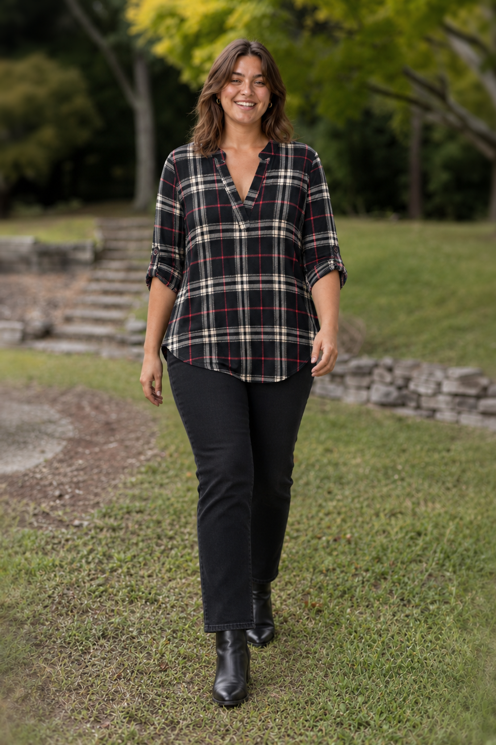 B3288X-D Black/Red Plaid V-Neck Bell Sleeve Blouse