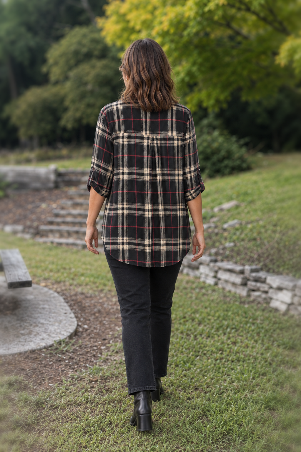 B3288X-D Black/Red Plaid V-Neck Bell Sleeve Blouse