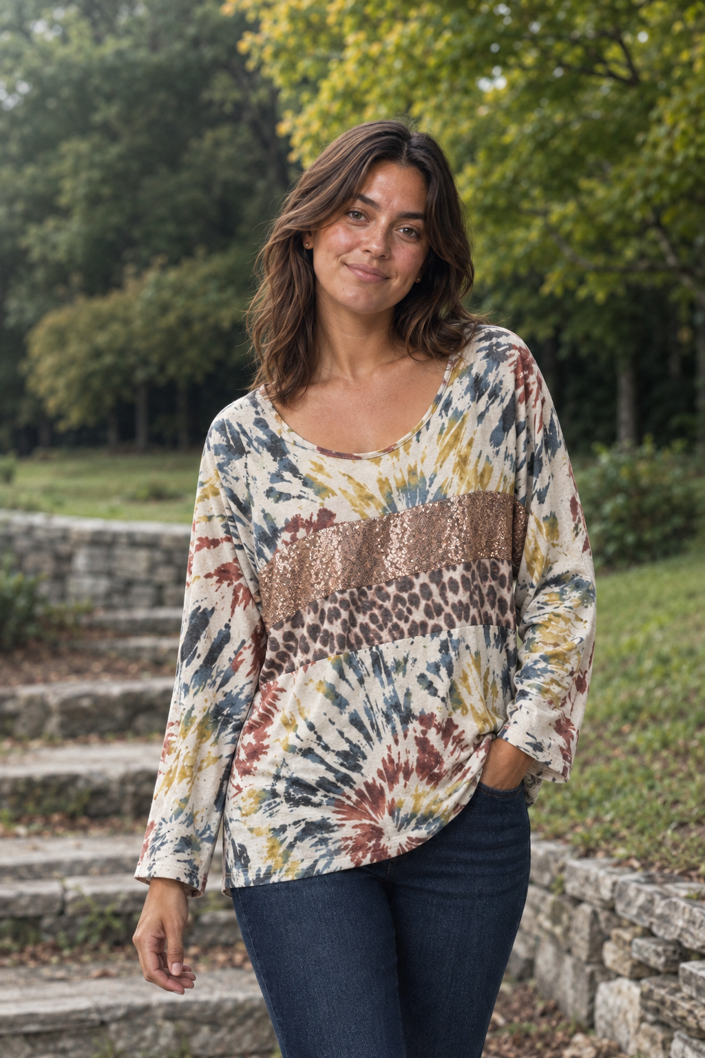 1818PL Tie-Dye Sequin Leopard Panel Top