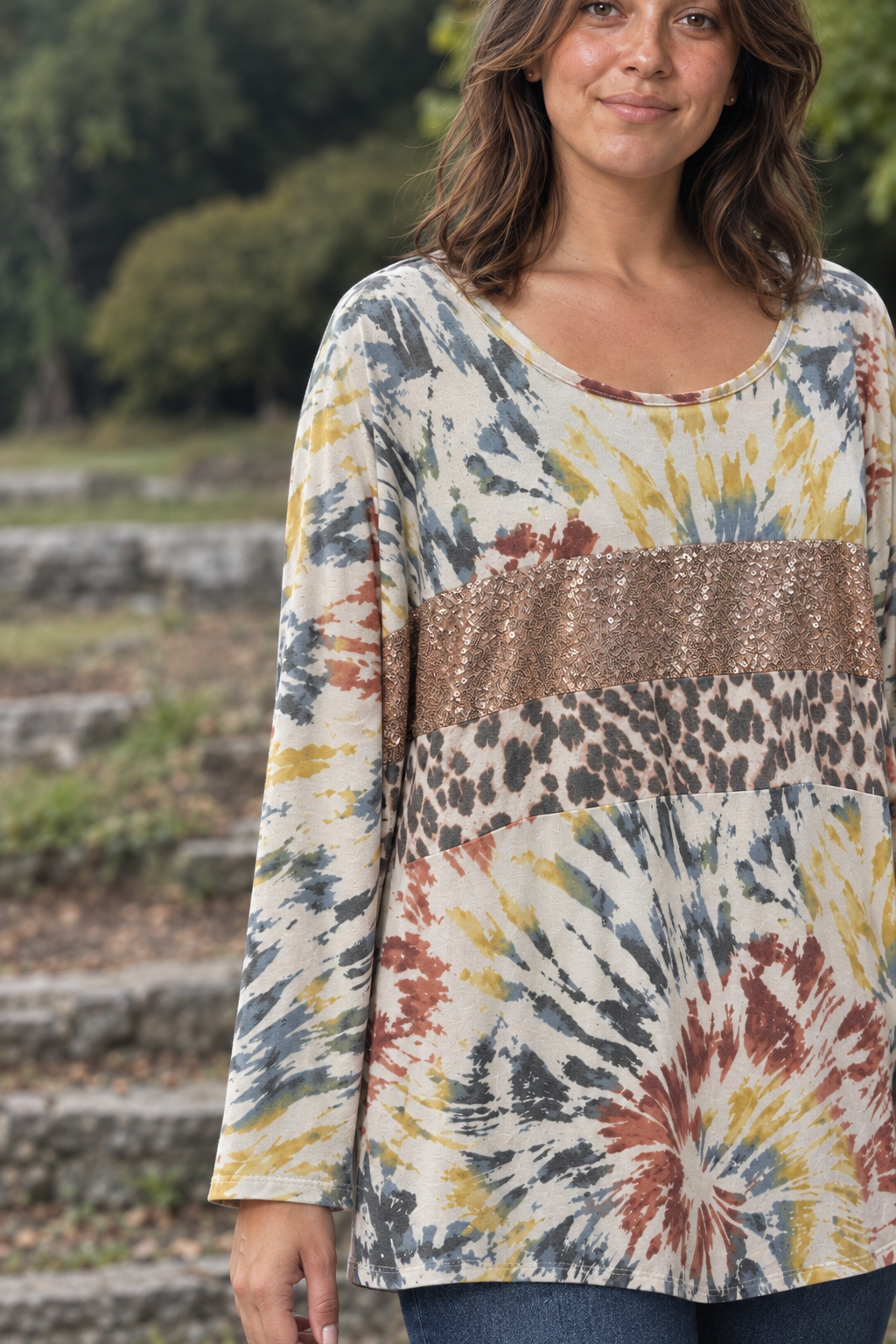 1818PL Tie-Dye Sequin Leopard Panel Top — Sleeves detail