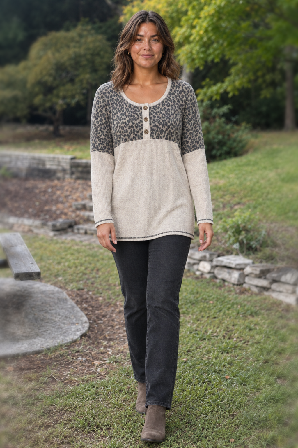 LMT2709PL Leopard Print Colorblock Henley Top