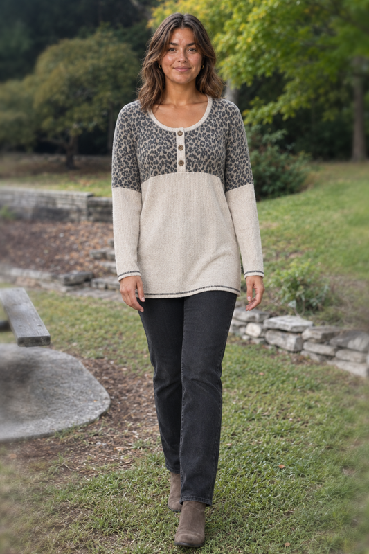 LMT2709PL Leopard Print Colorblock Henley Top