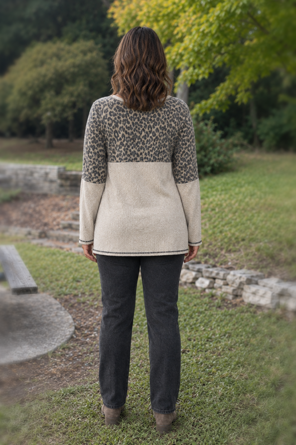 LMT2709PL Leopard Print Colorblock Henley Top