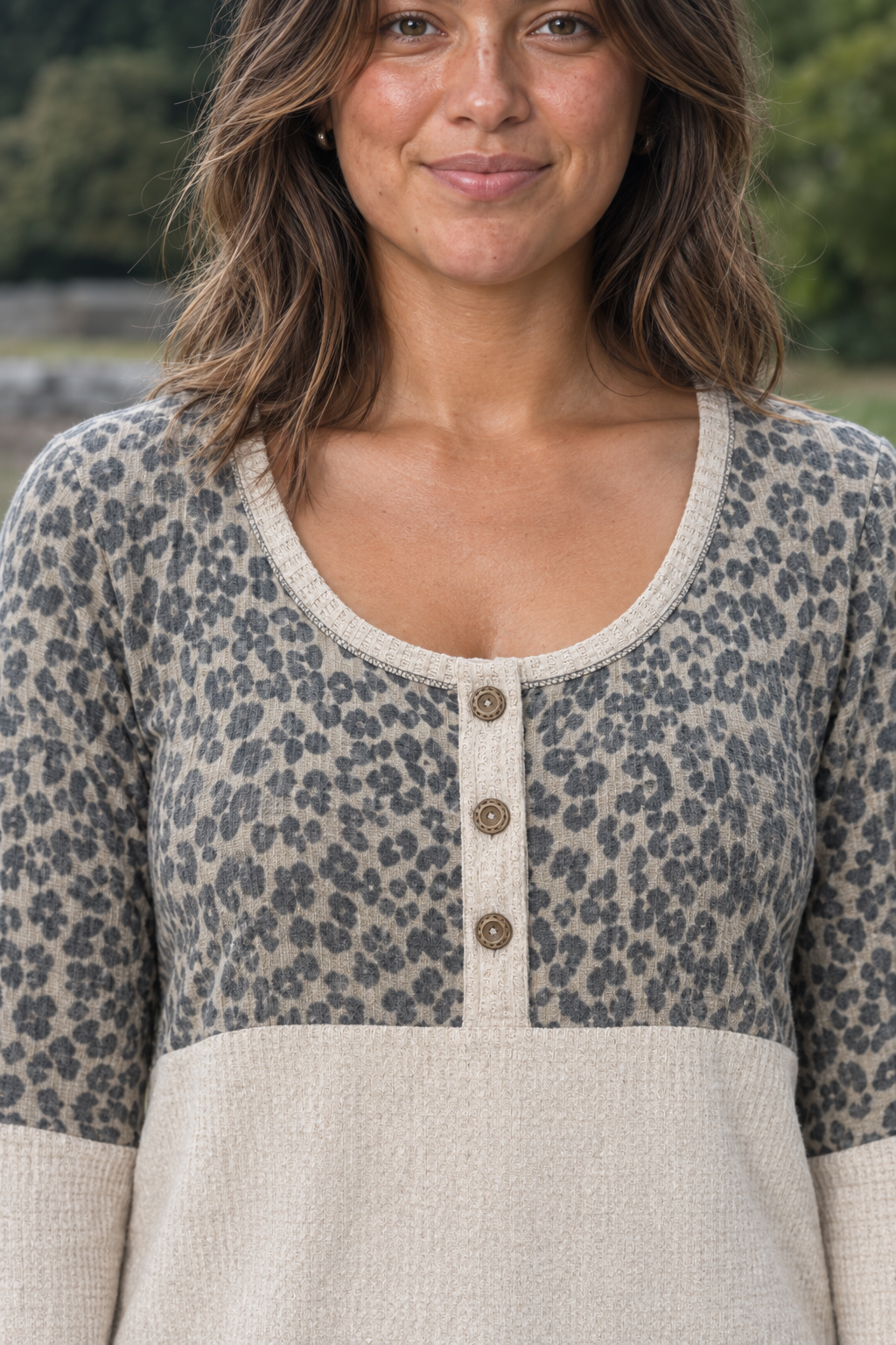 LMT2709PL Leopard Print Colorblock Henley Top — buttons detail