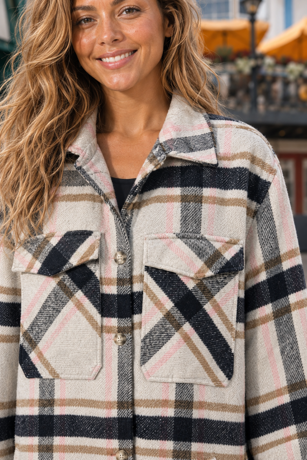 JKJR2 Plaid Flannel Oversized Shacket — Pockets detail