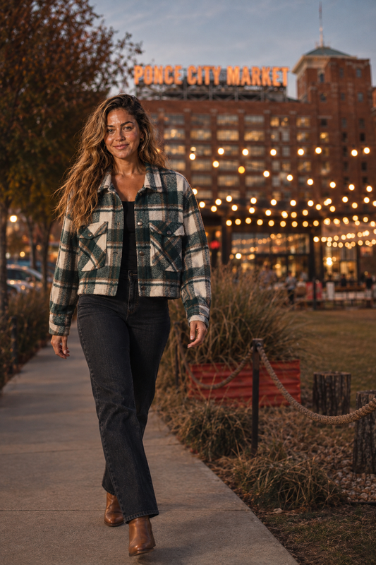80114 Green/White Plaid Cropped Shacket