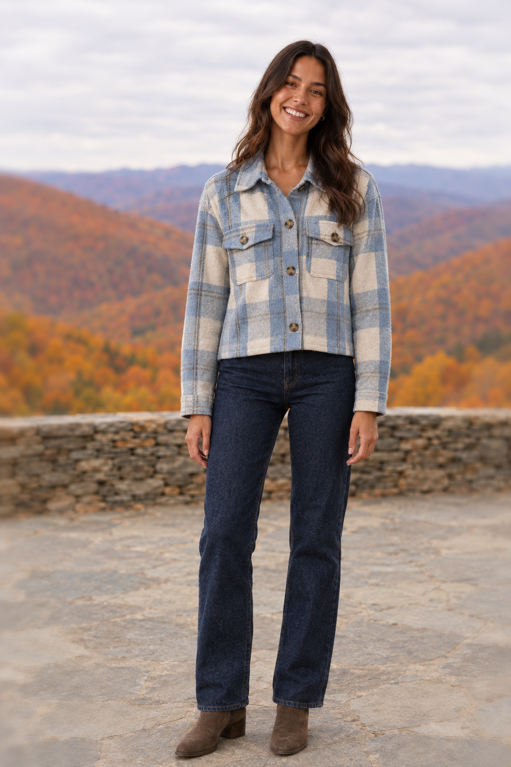 26393 Baby Blue Plaid Cropped Shacket