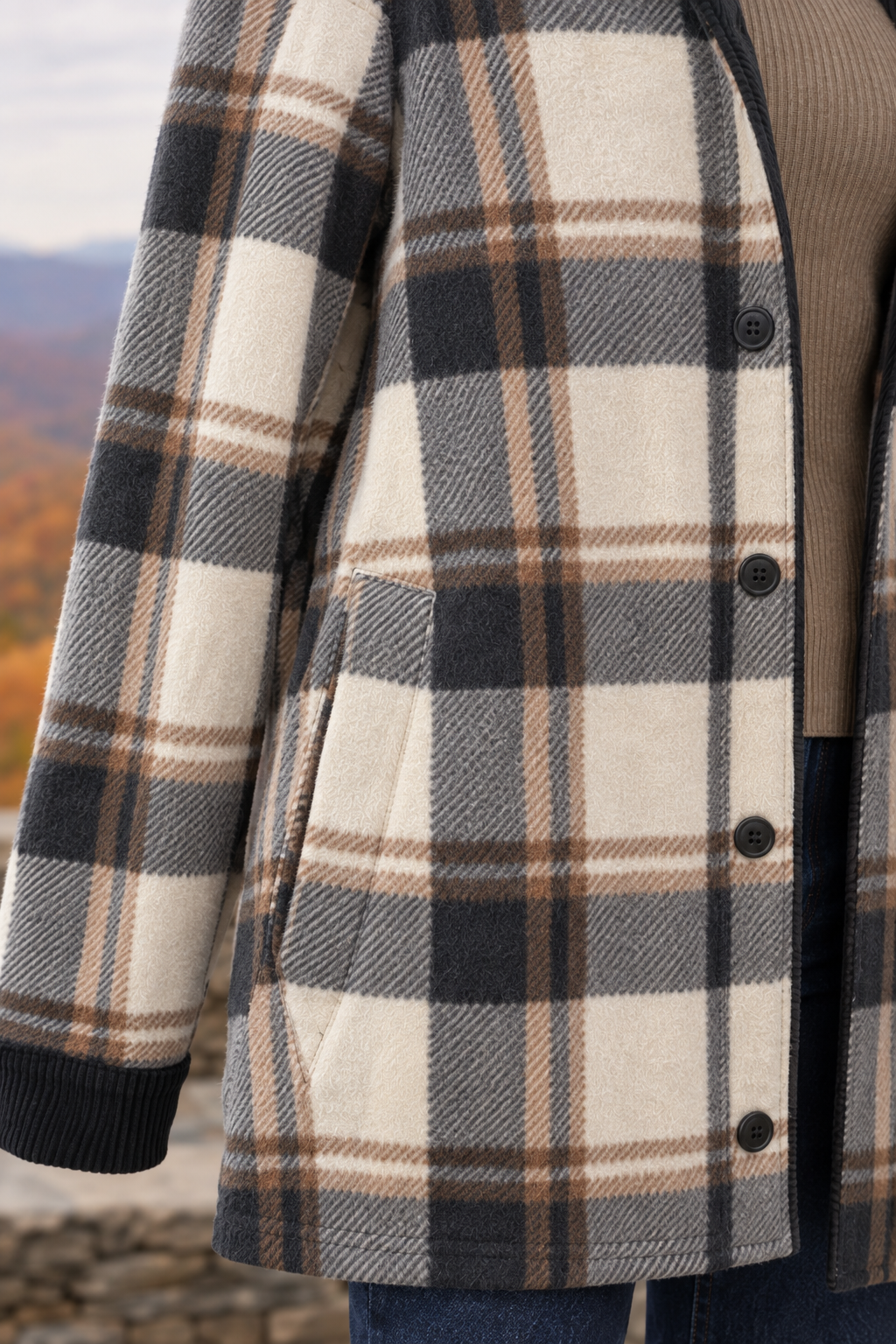 8208 Plaid Reversible Oversized Shacket — Pockets detail