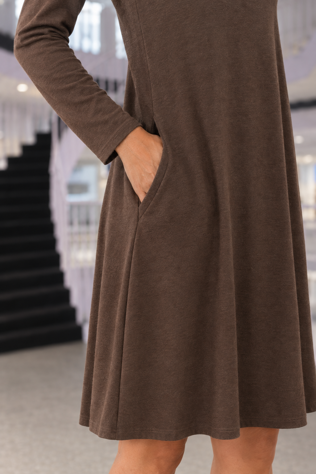 RD-9497AB Brown Swing Tunic Pocket Dress — Pockets detail