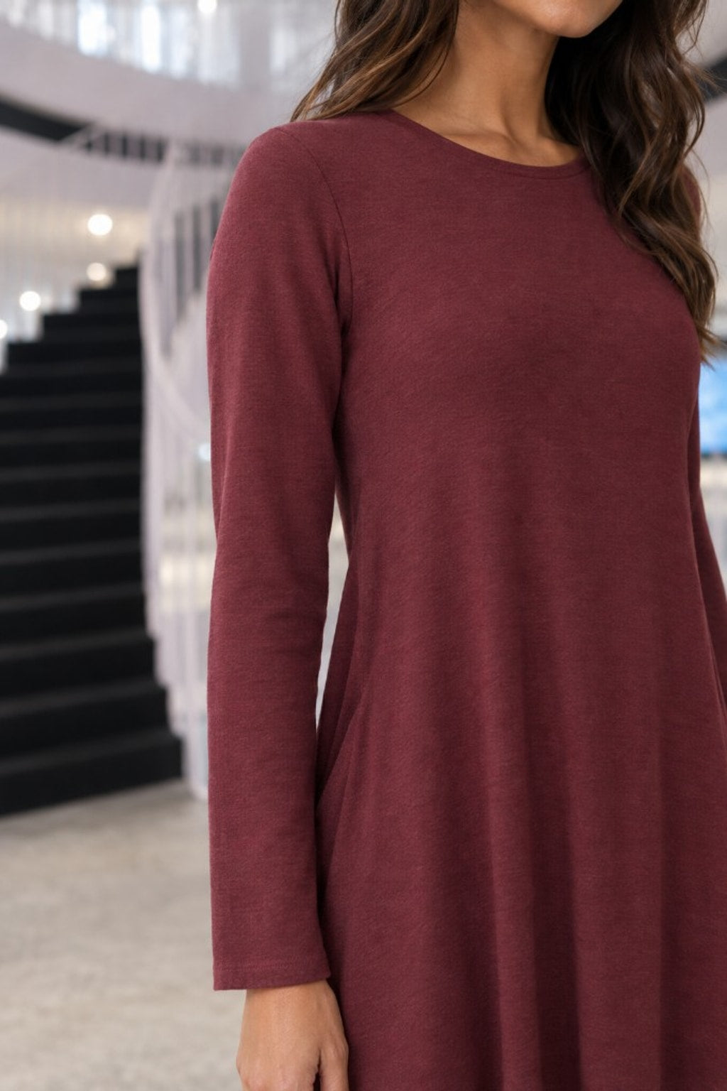 RD-9497AB Burgundy Swing Pocket Dress — Sleeves detail