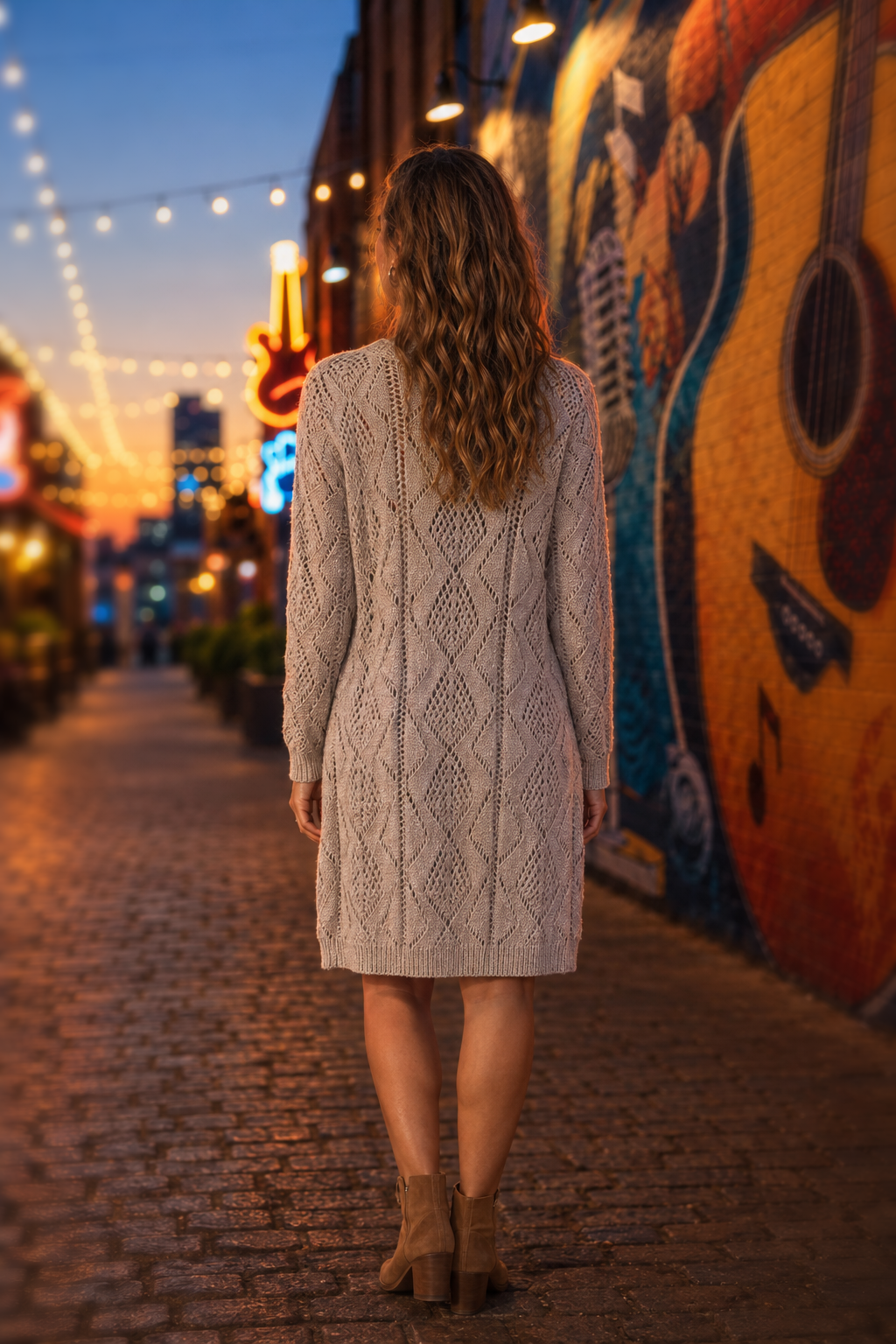 466 Beige Open-Knit Longline Button Cardigan