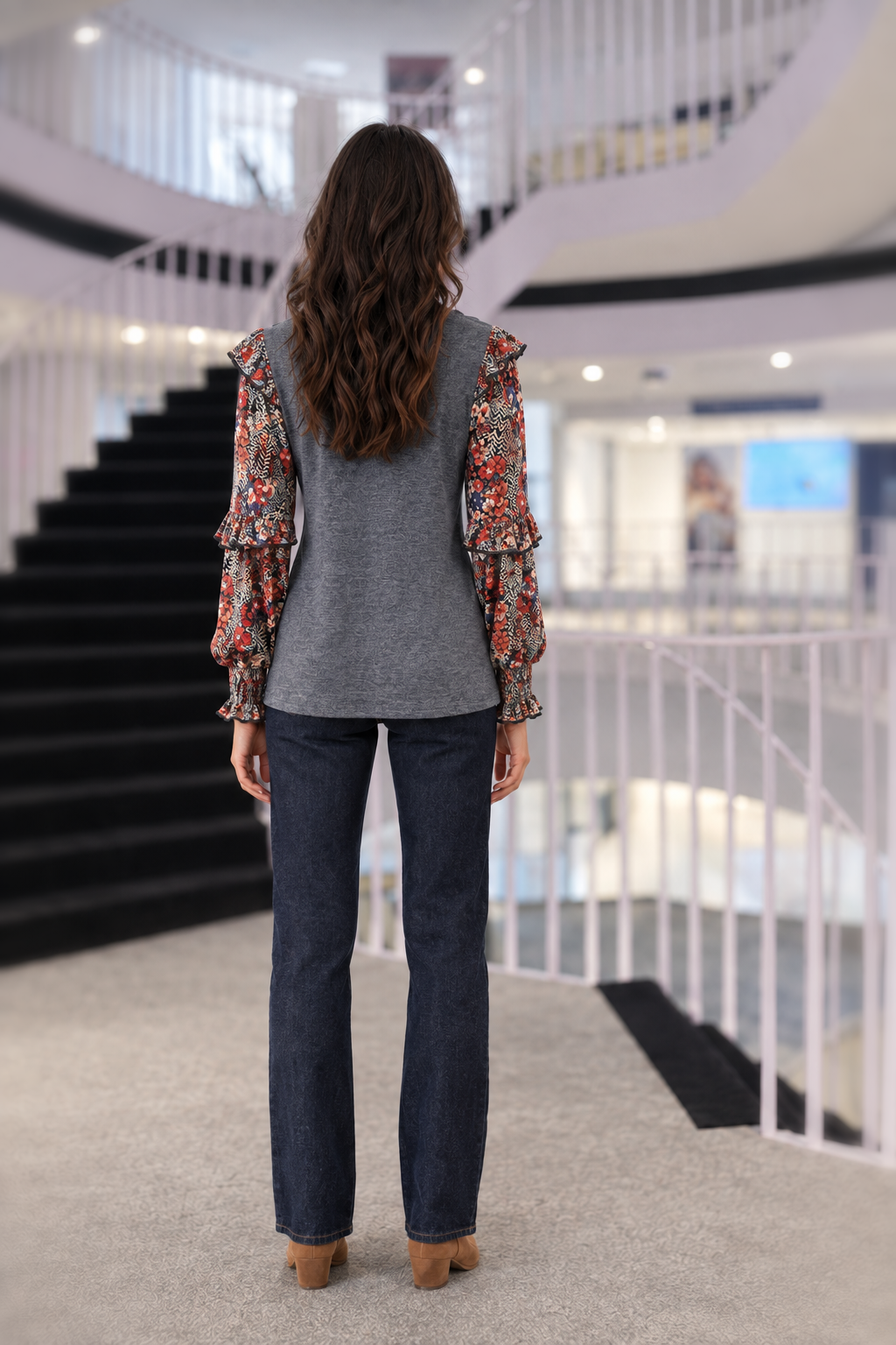 383 Multi Color Floral Ruffle Sleeve Knit Top