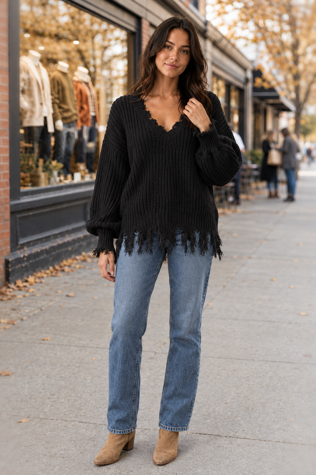 W9045 Black Distressed Fringe Hem Knit Sweater