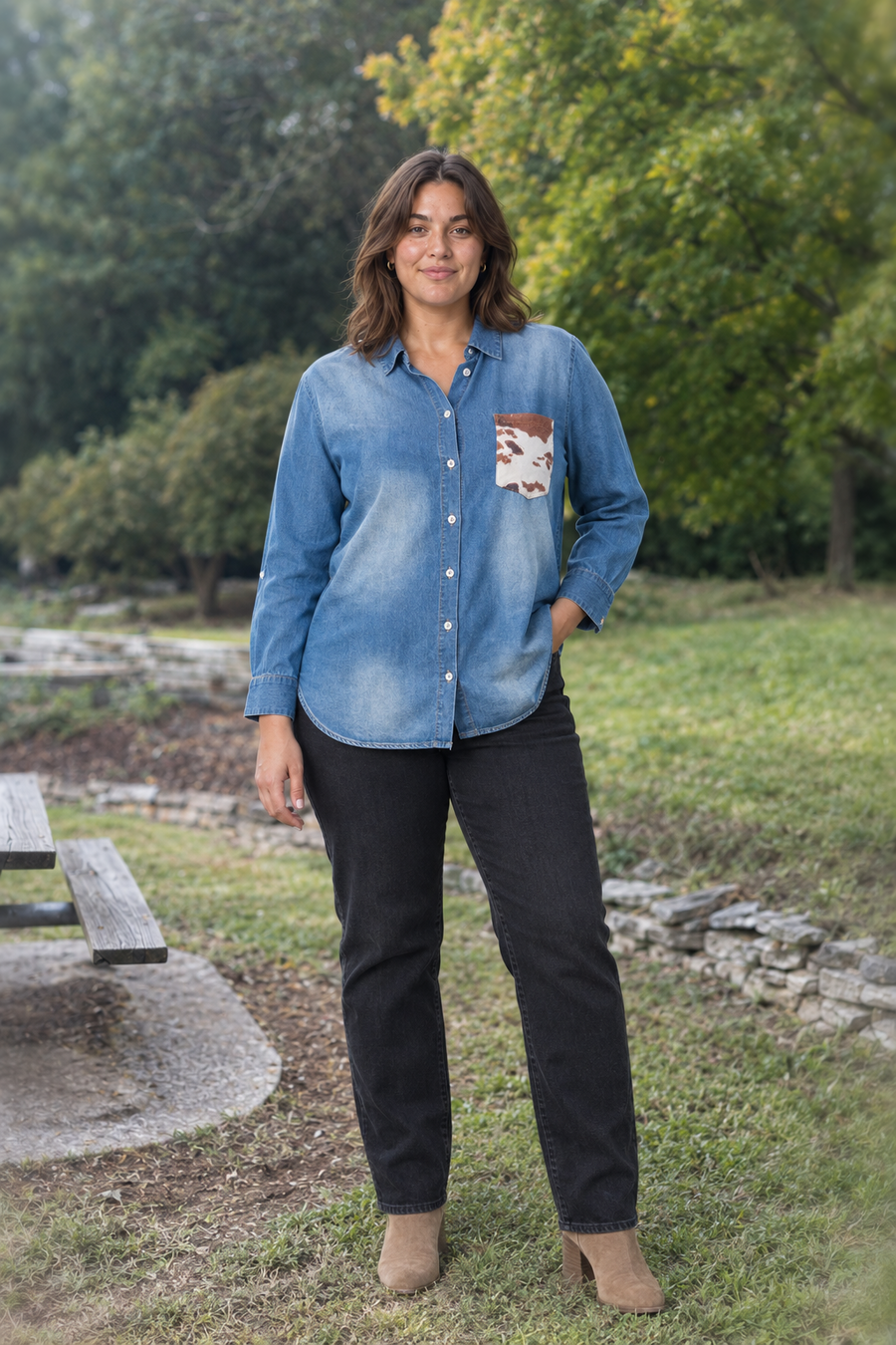 20002 Cow Print Denim Shirt Plus