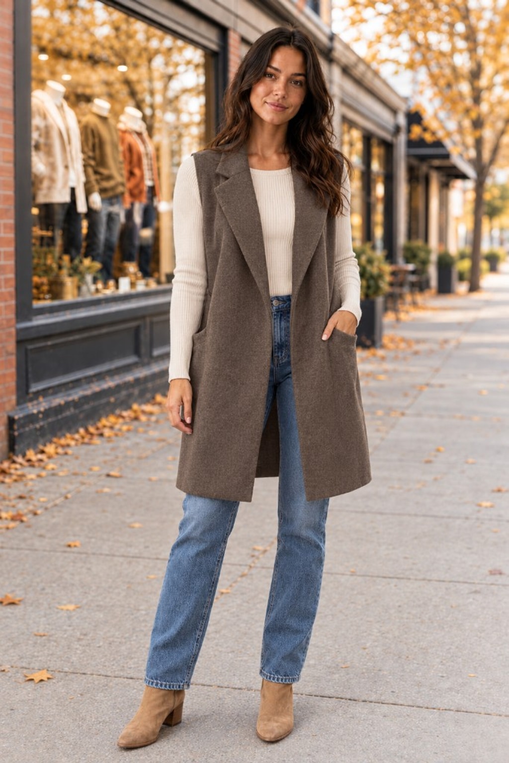 5052  Taupe Longline Lapel Sleeveless Vest