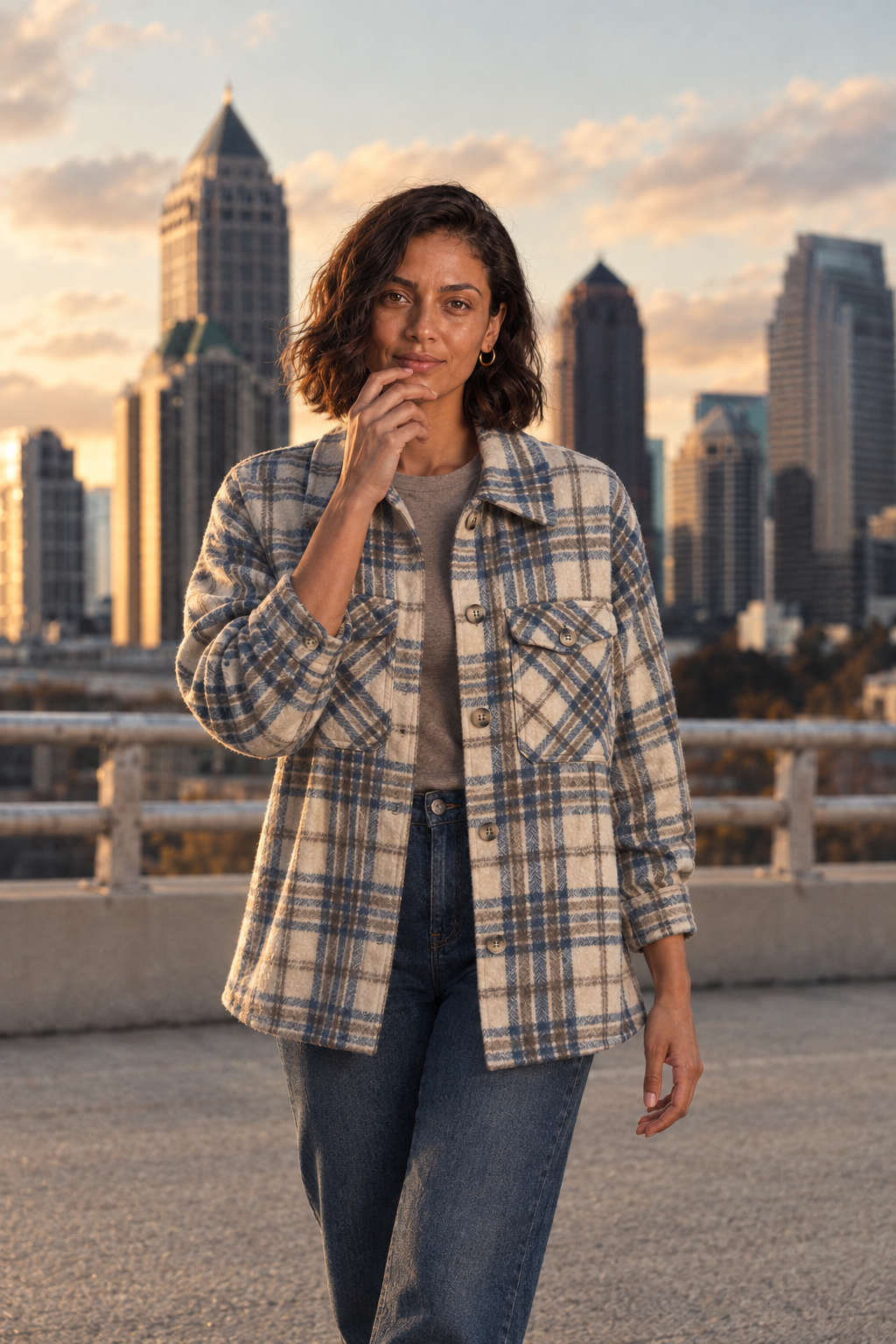 872 Creme/Blue Button-Down Shacket