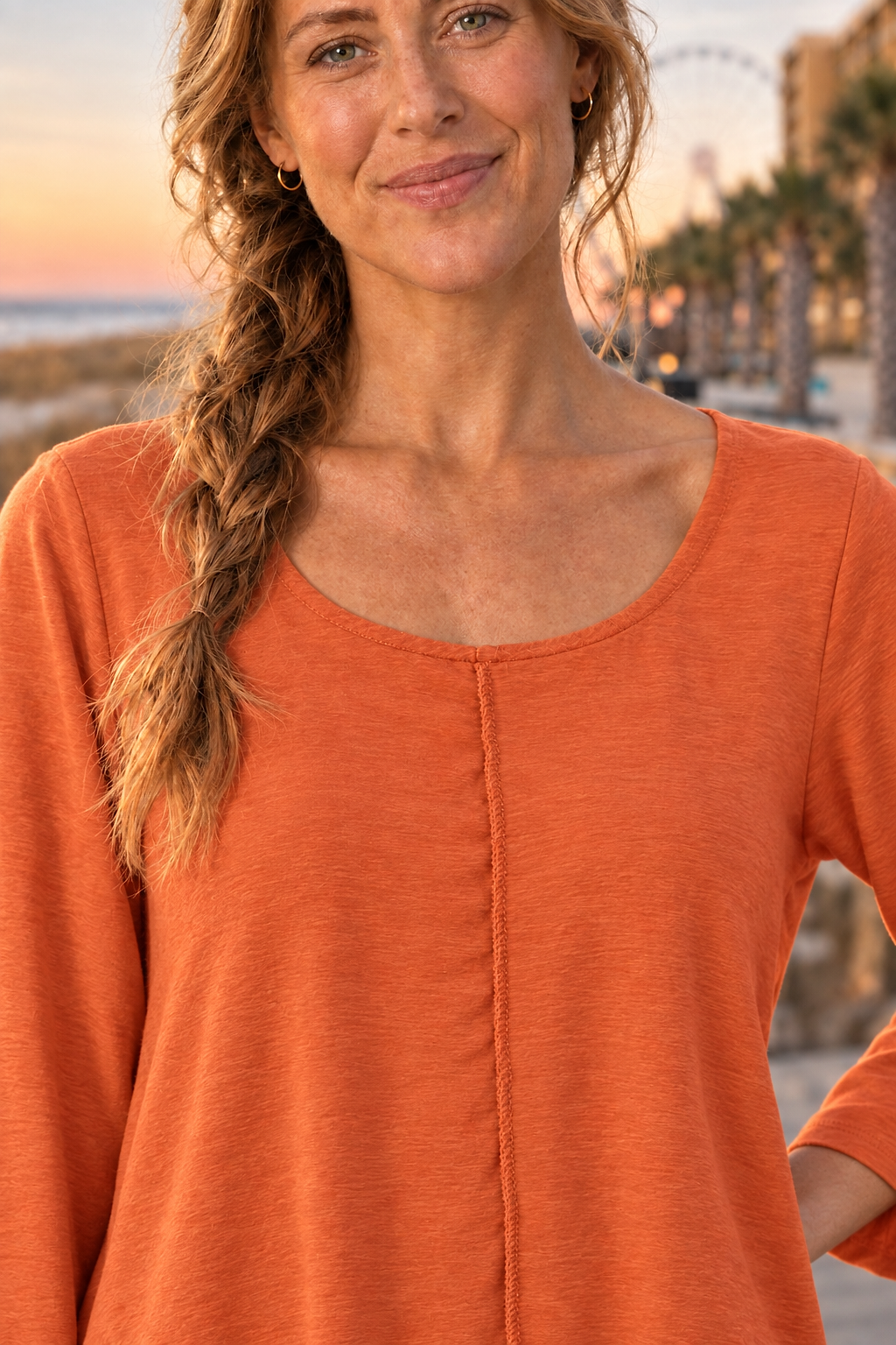687 Orange Bell Sleeve Flowy Knit Top — Neckline detail
