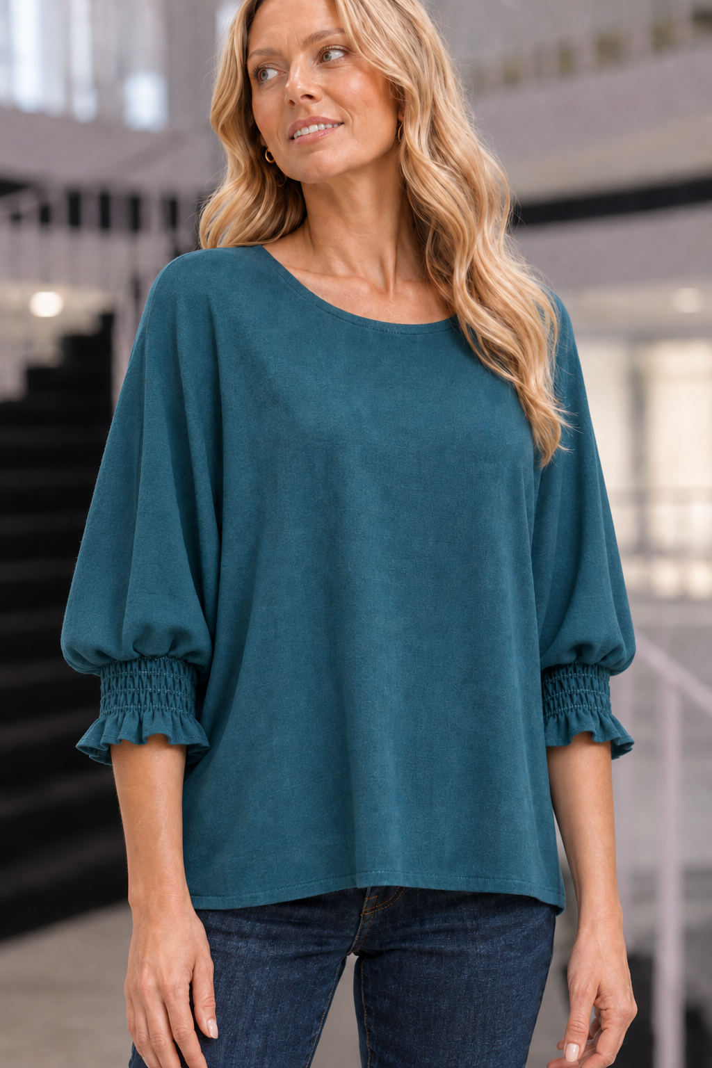 5547 Teal Smocked Cuff Knit Top — Sleeves detail