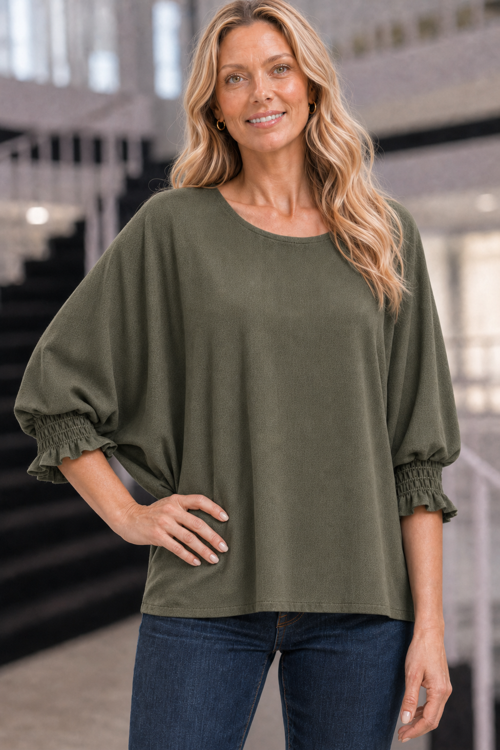 5547 Olive Smocked Cuff Knit Top — Sleeves detail