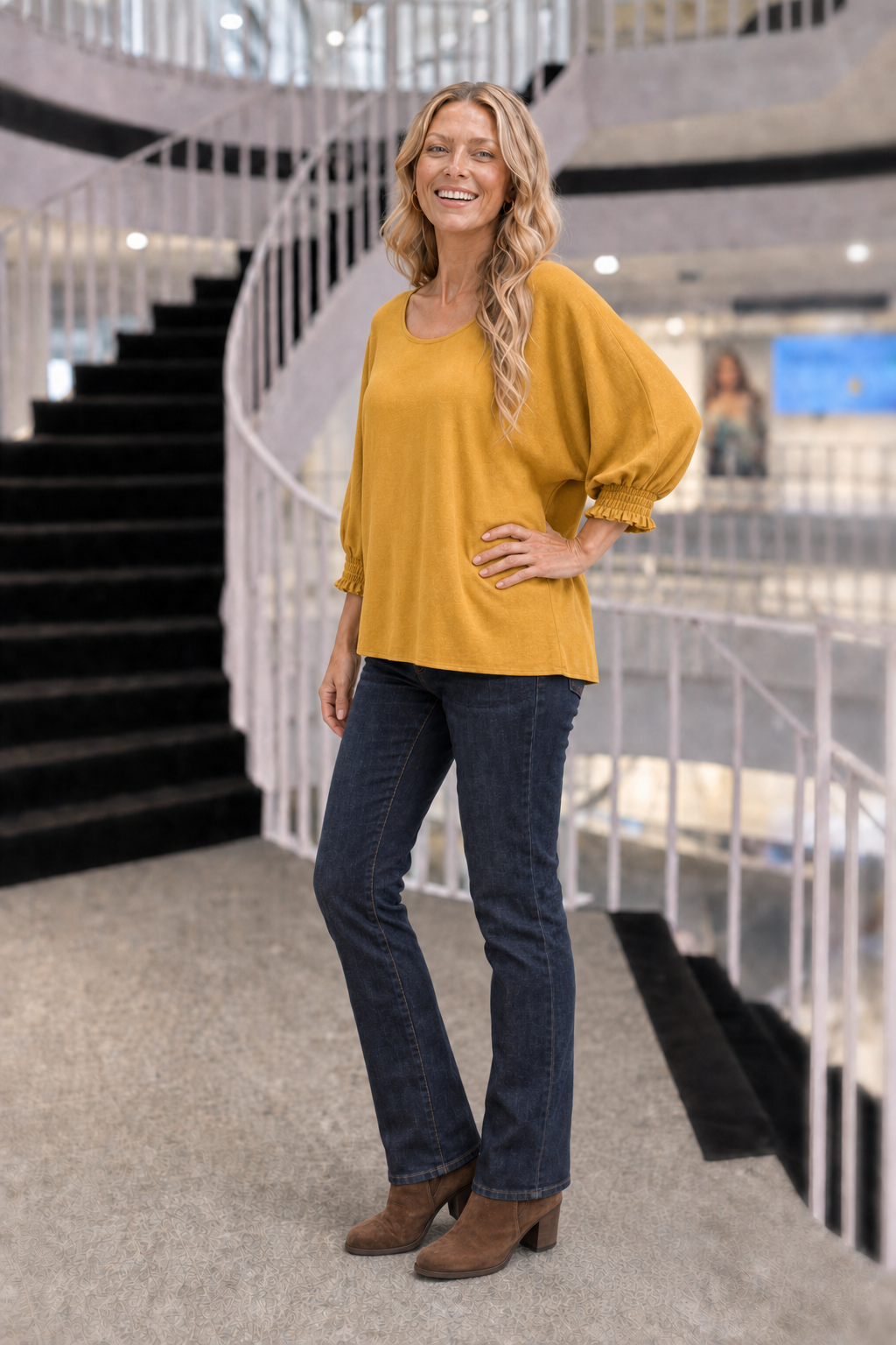 5547 Mustard Smocked Cuff Knit Top