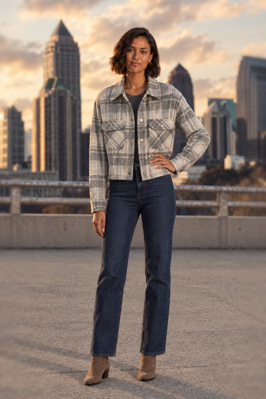 2137 Grey Plaid Cropped Shacket