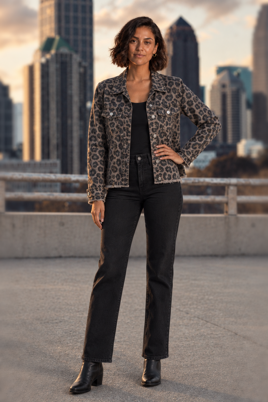 5266 Leopard Print Raw Hem Denim Jacket