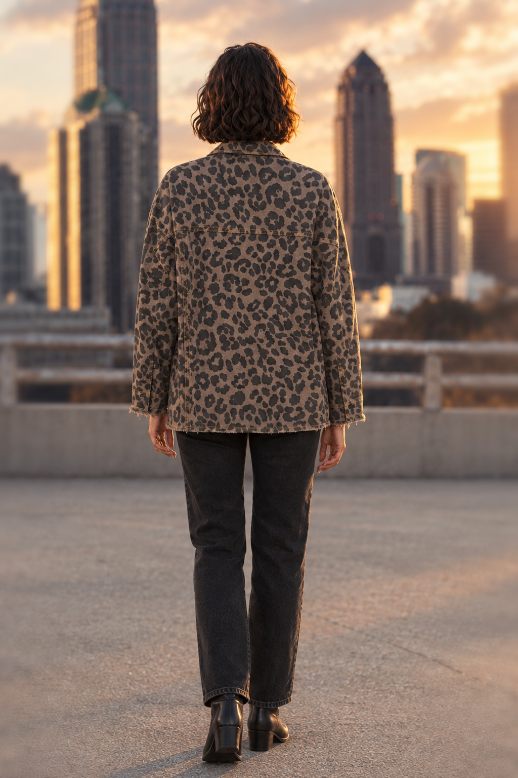5266 Leopard Print Raw Hem Denim Jacket