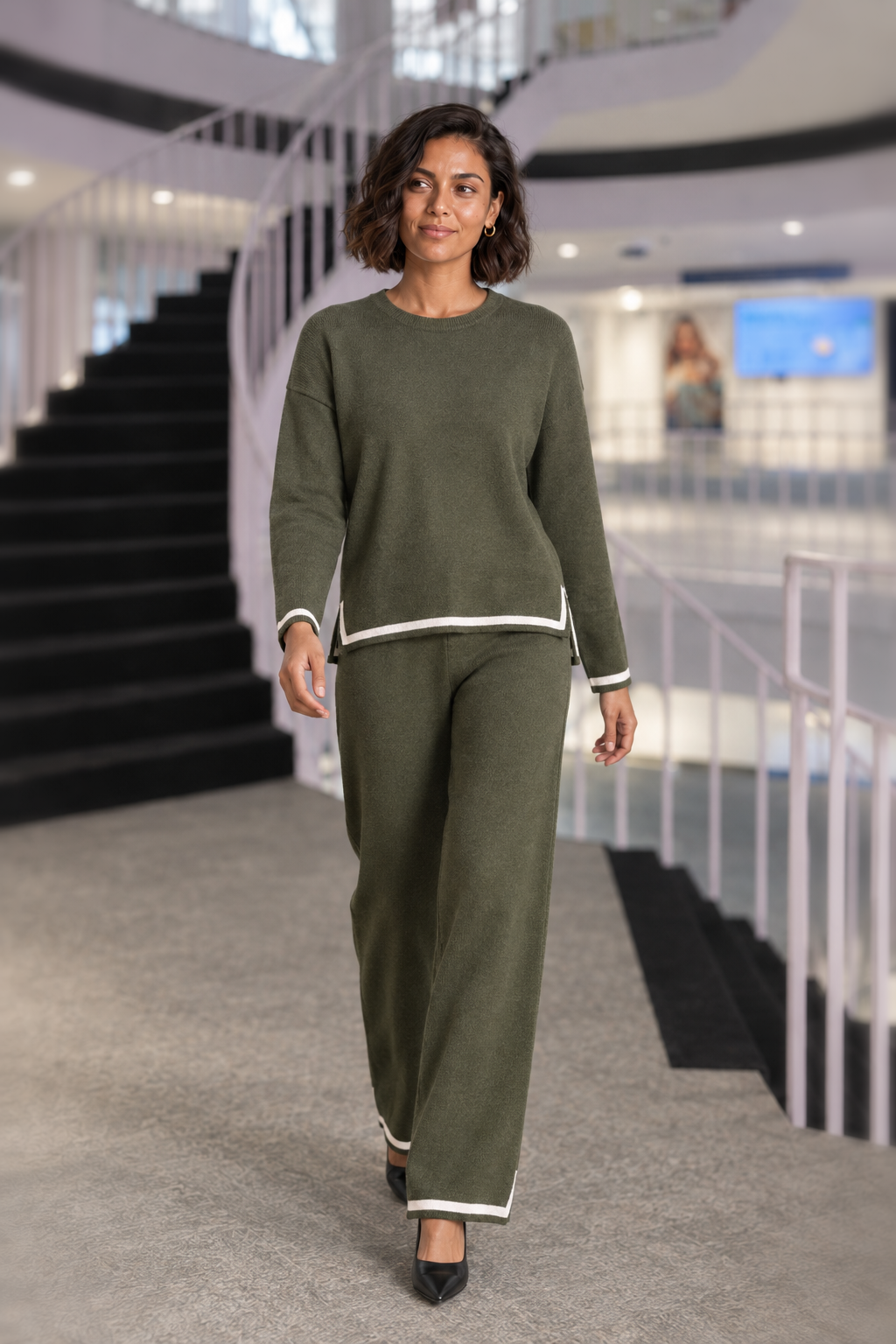 317 Olive Contrast Trim Knit Two-Piece Set