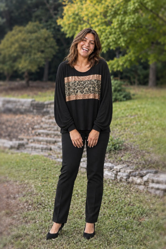 LMT1827PL Leopard Sequin Panel Long Sleeve Top Plus