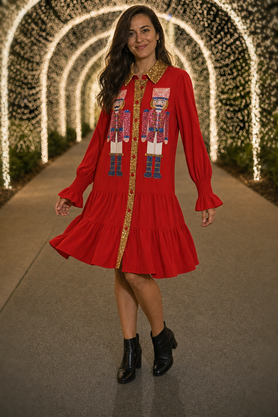 107 Red Nutcracker Sequin Ruffle Shirt Dress