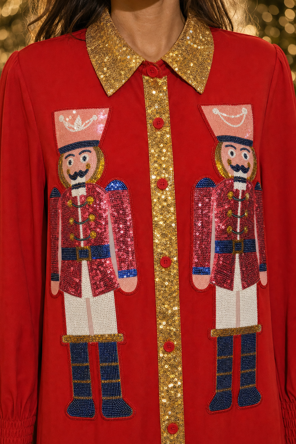 107 Red Nutcracker Sequin Ruffle Shirt Dress — nutcracker appliqué detail