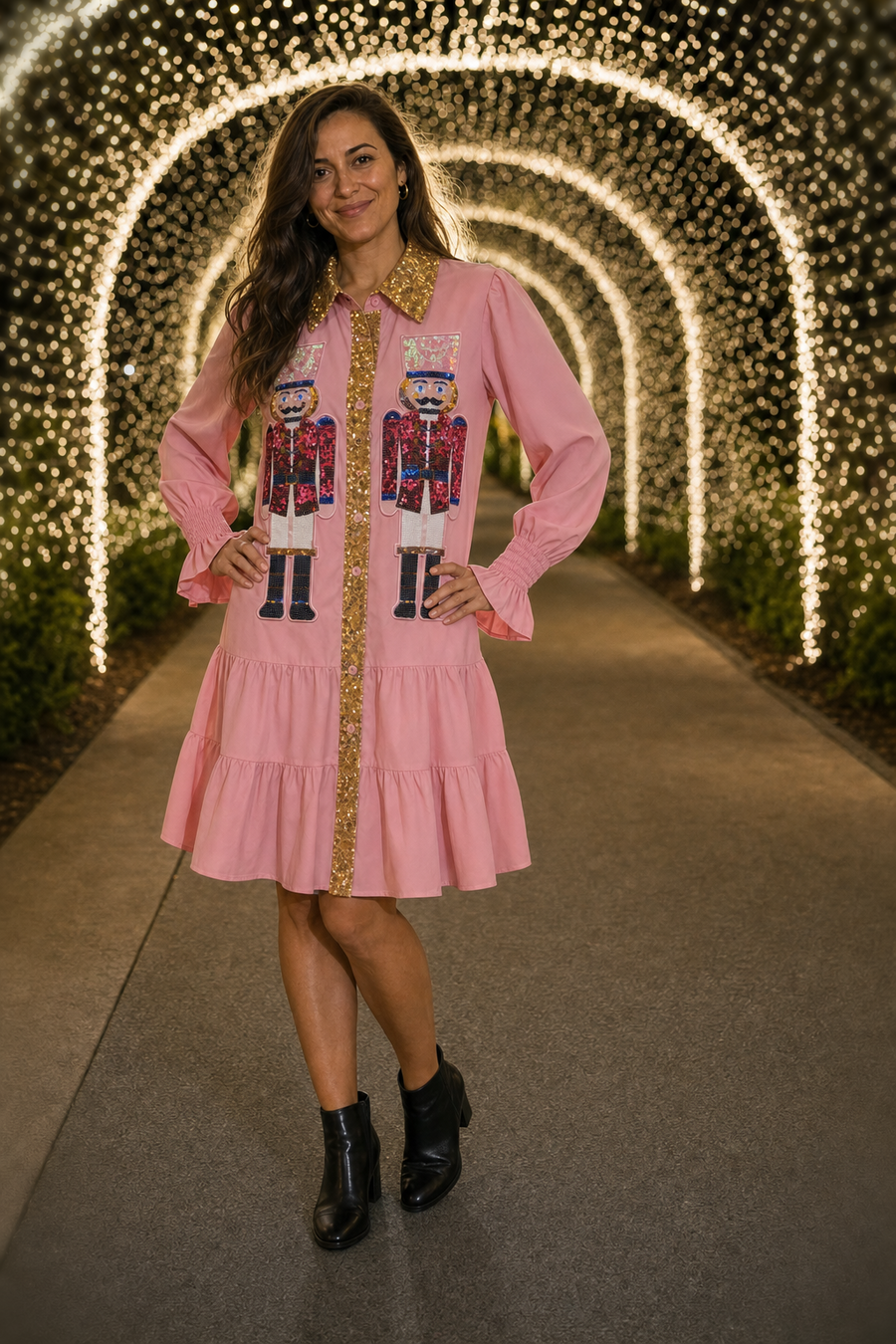 107 Pink Nutcracker Sequin Ruffle Shirt Dress