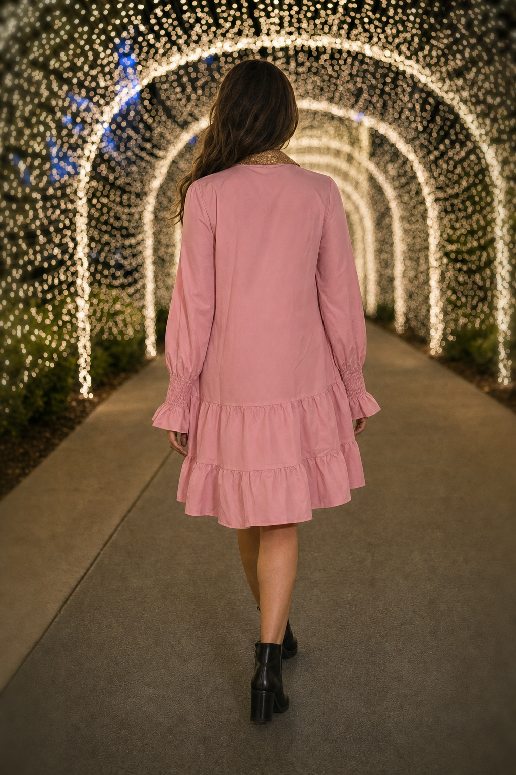 107 Pink Nutcracker Sequin Ruffle Shirt Dress — back