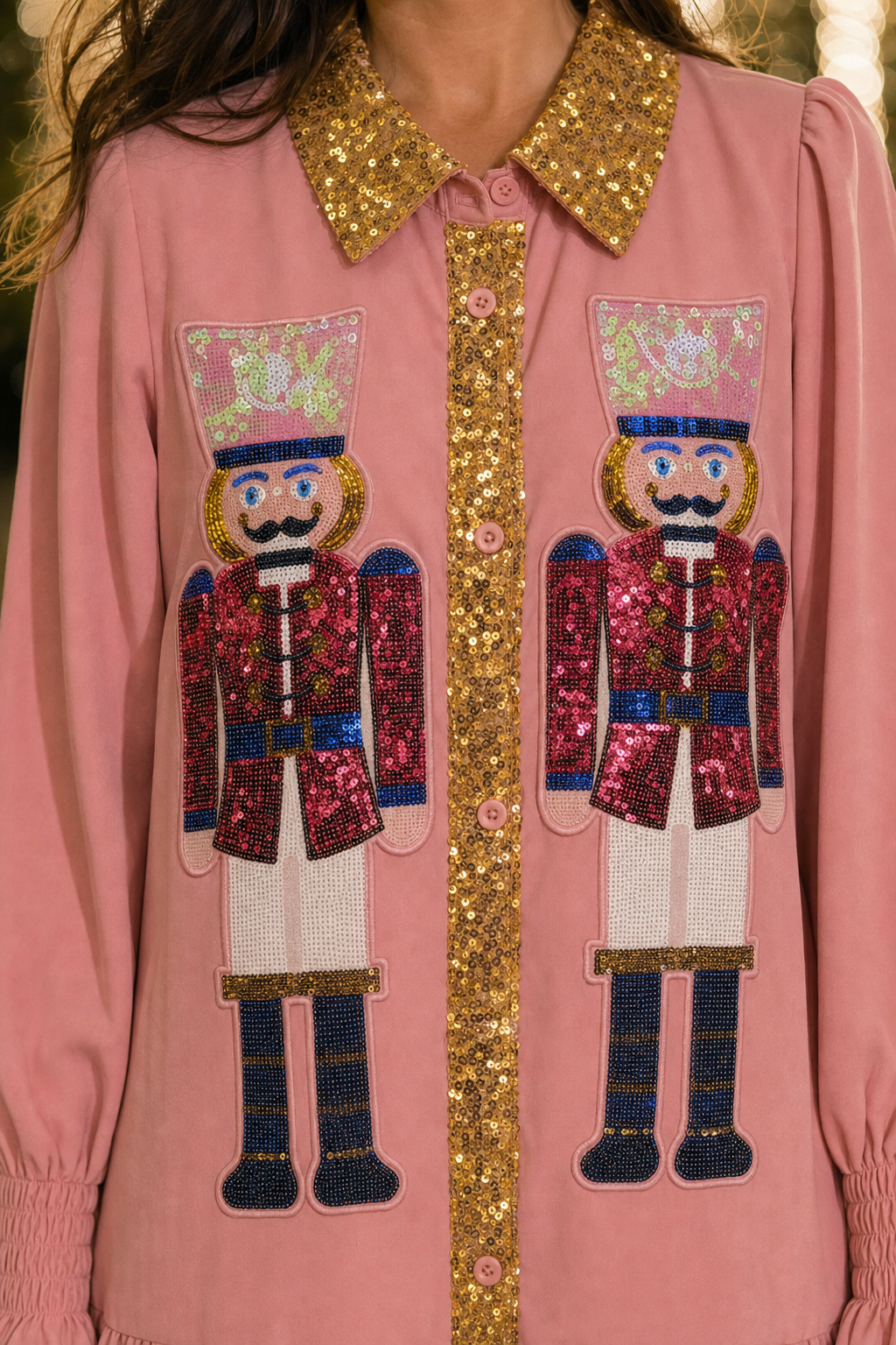 107 Pink Nutcracker Sequin Ruffle Shirt Dress — nutcracker appliqué detail