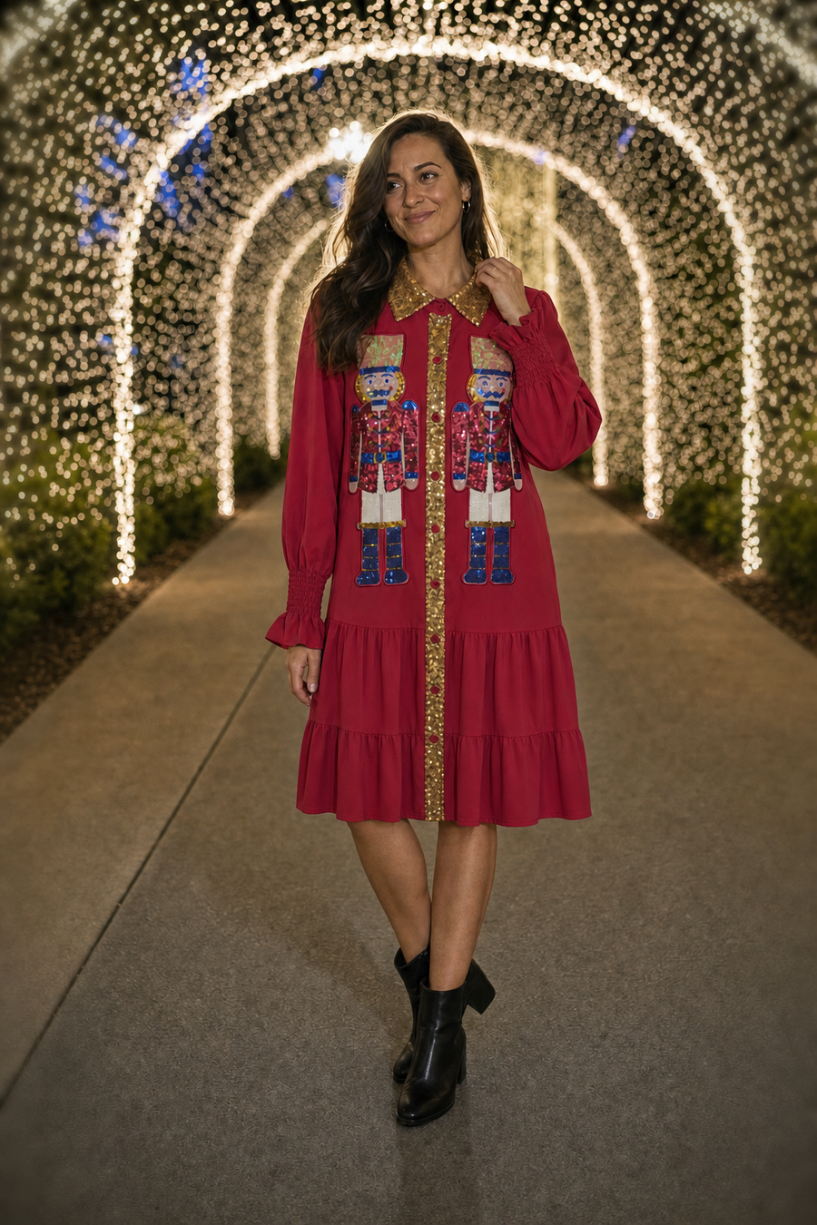 107 Magenta Nutcracker Sequin Ruffle Shirt Dress