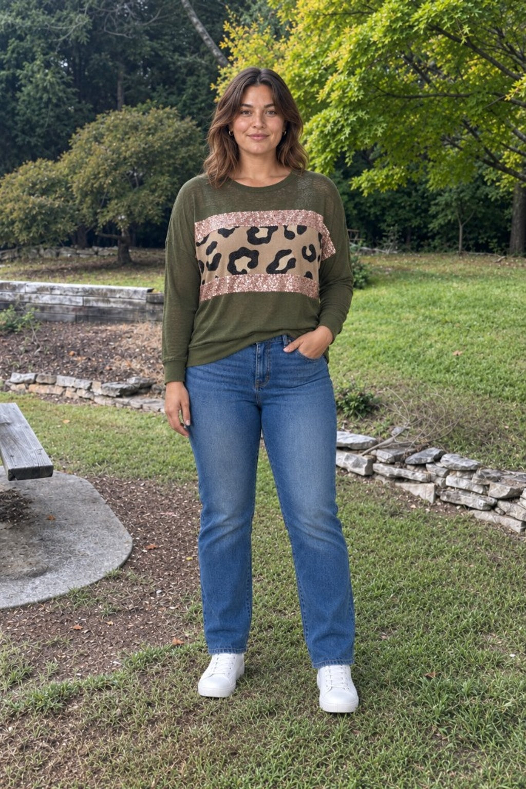 4074 Leopard Sequin Stripe Knit Sweater