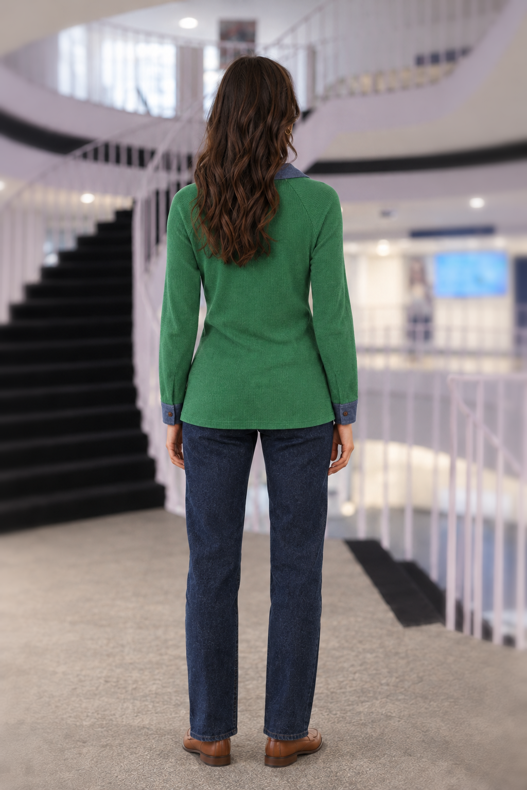 6277 Green Ribbed Denim Trim Polo Top