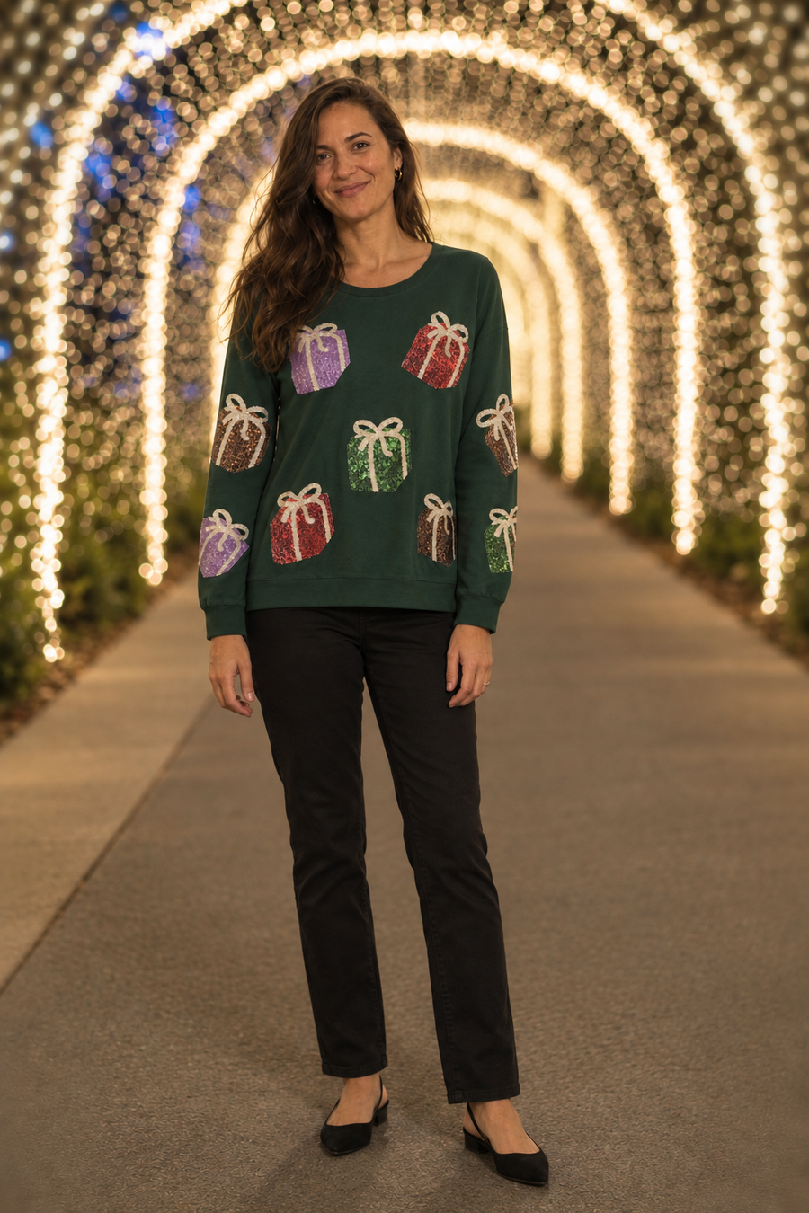 055 Green Sequin Gift Box Holiday Sweatshirt