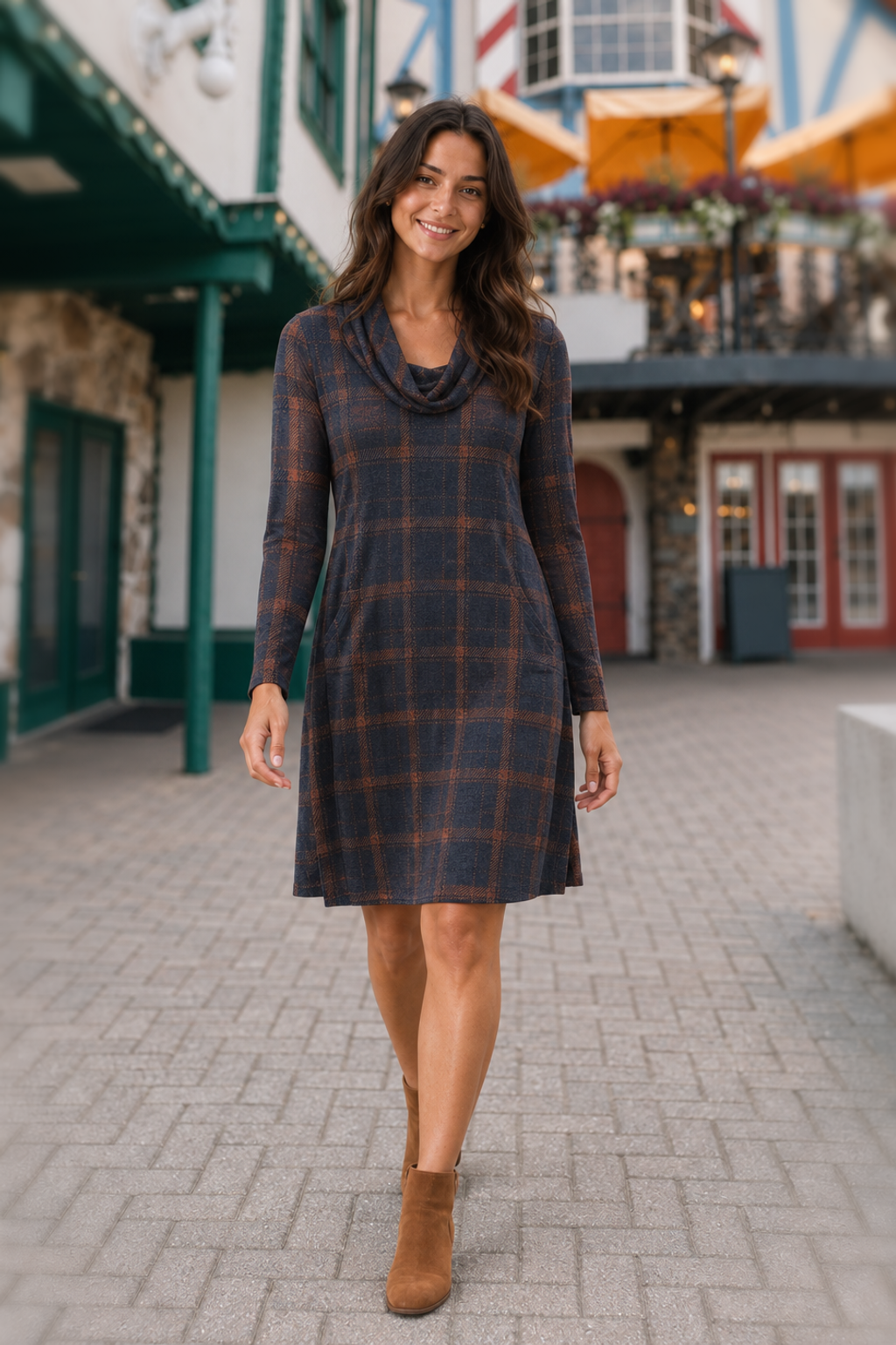 VC3298 Plaid Cowl Neck Swing Tunic
