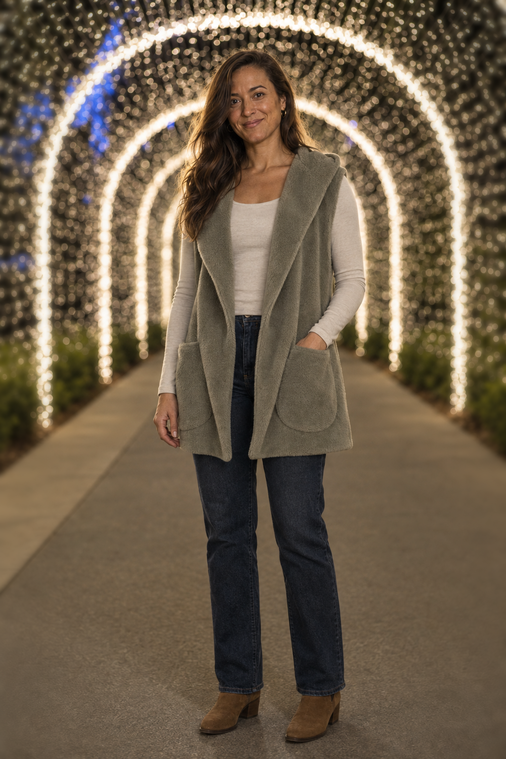 90043 Olive Hooded Open-Front Plush Vest