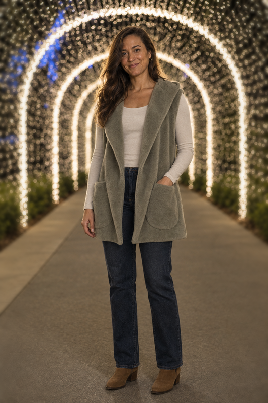 90043 Olive Hooded Open-Front Plush Vest