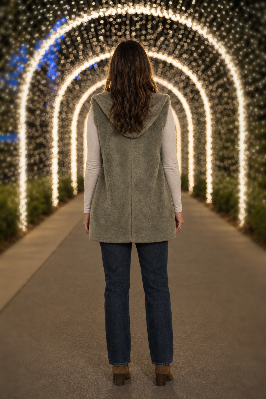 90043 Olive Hooded Open-Front Plush Vest