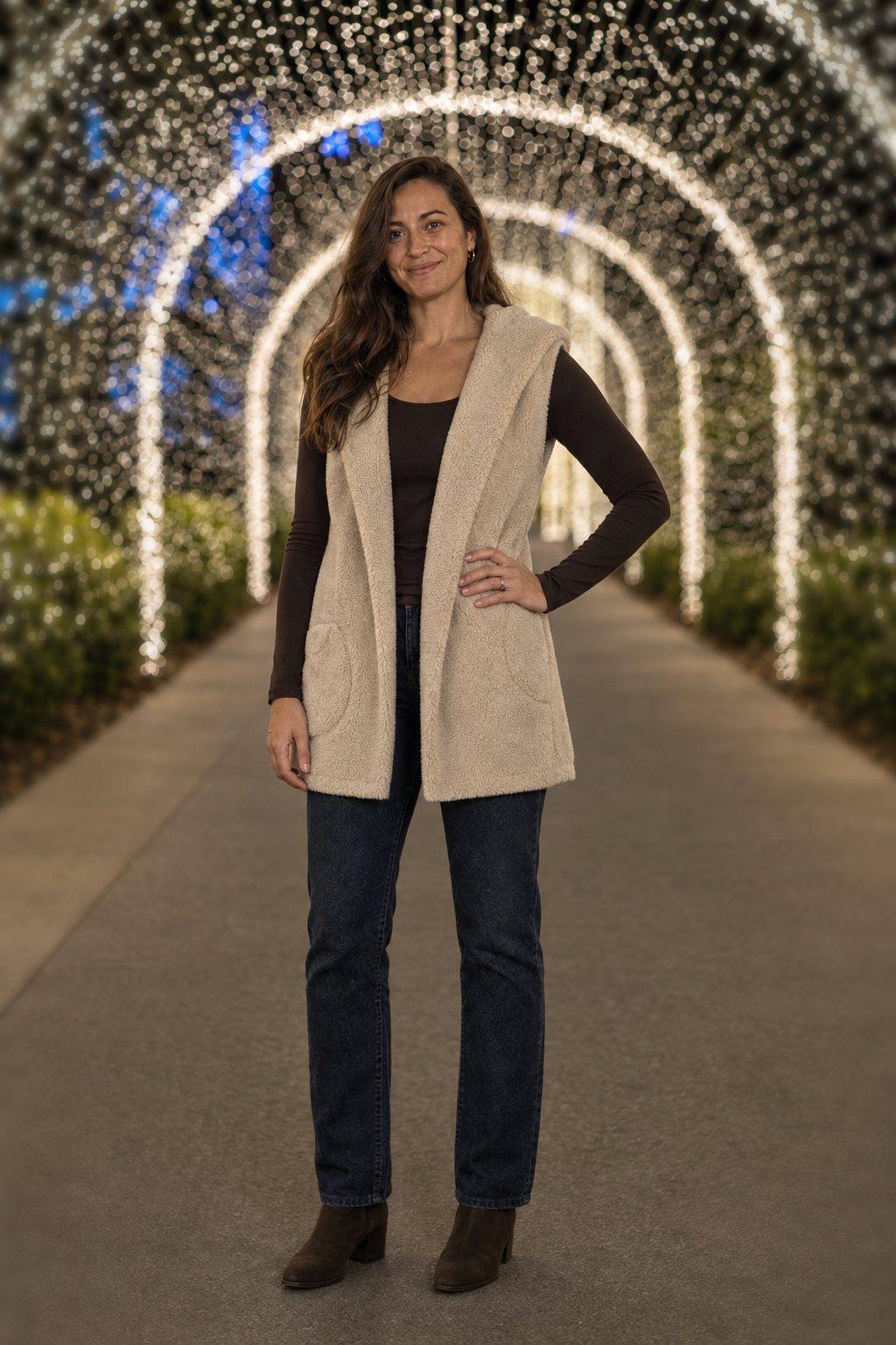 90043 Camel Hooded Open-Front Plush Vest