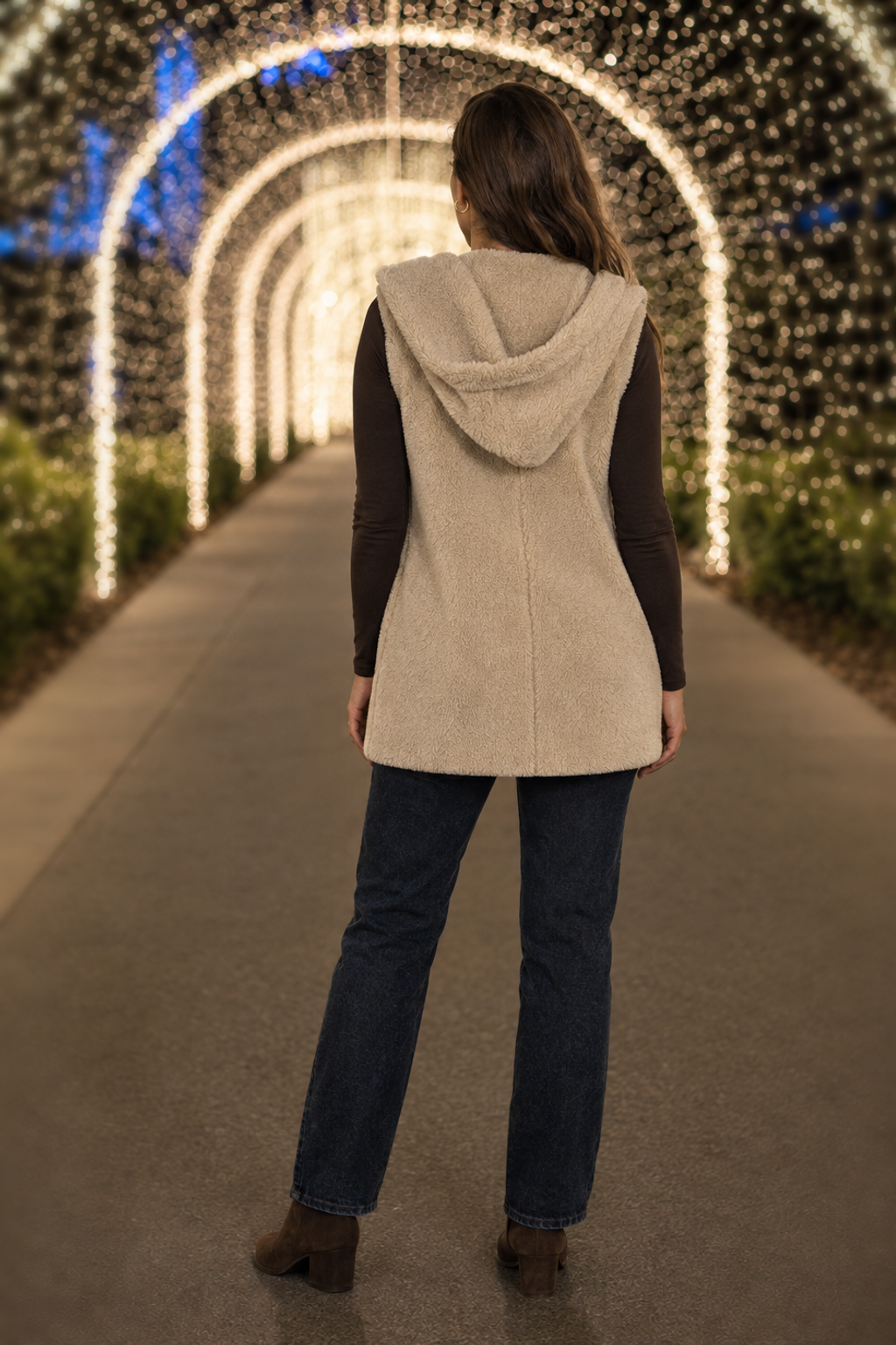 90043 Camel Hooded Open-Front Plush Vest