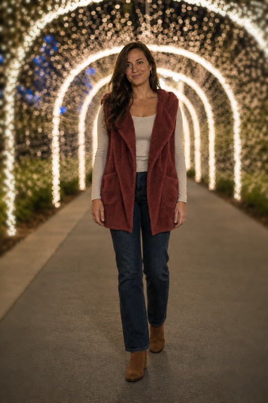 90043 Burgundy Hooded Open-Front Plush Vest