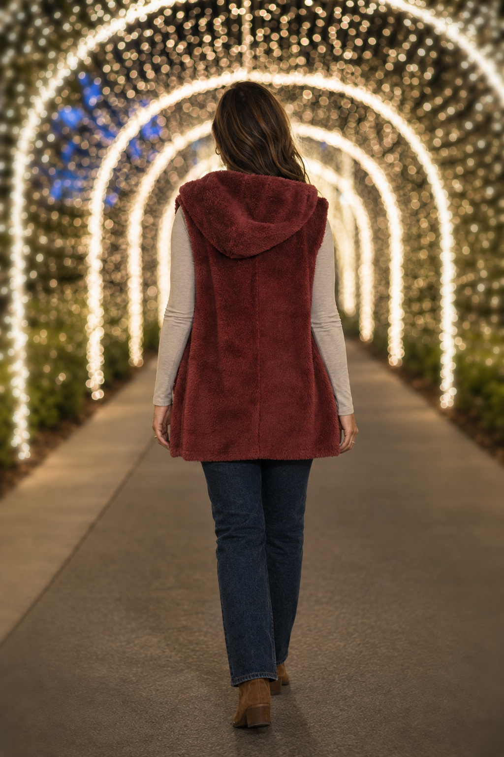 90043 Burgundy Hooded Open-Front Plush Vest