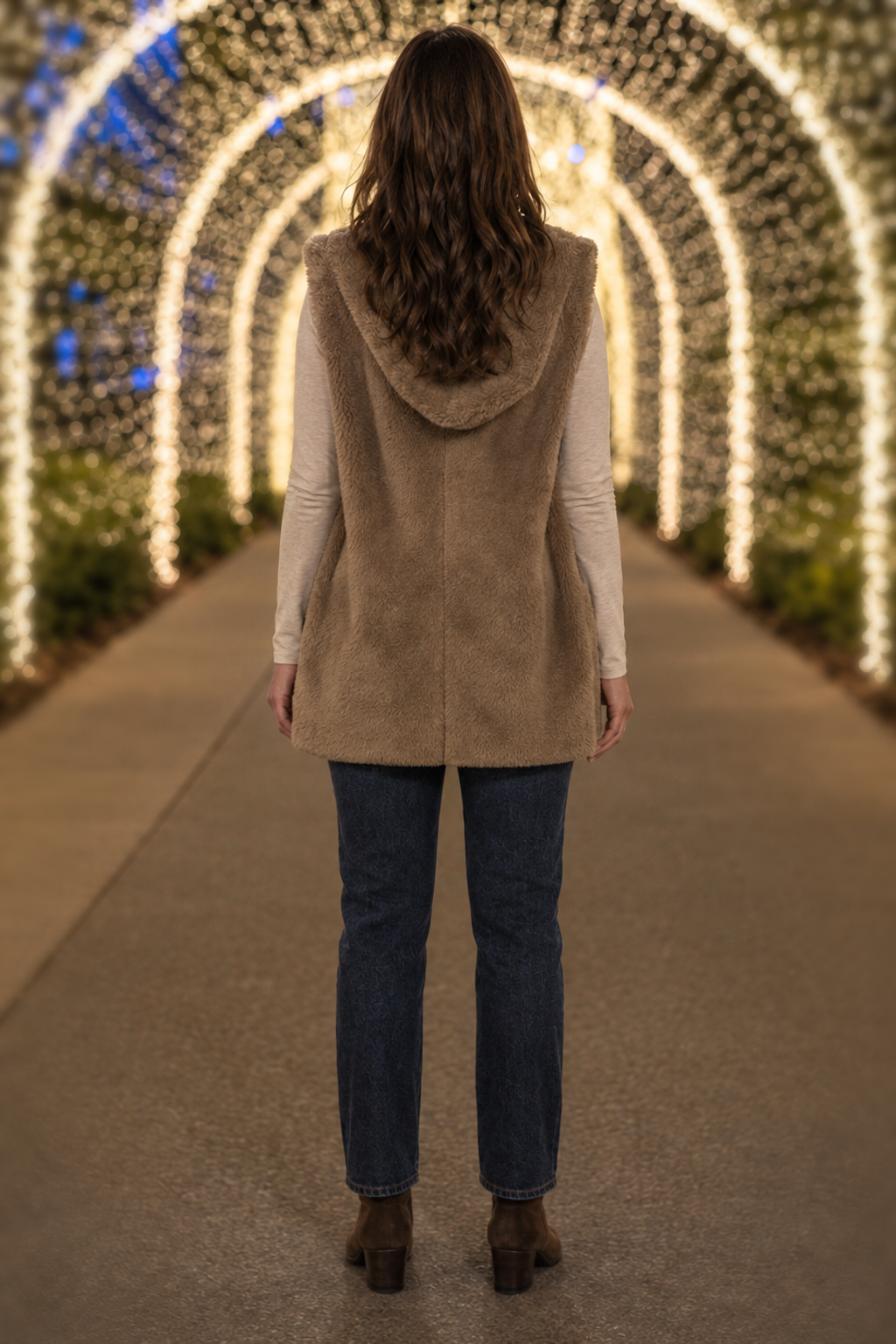 90043 Brown Hooded Open-Front Plush Vest
