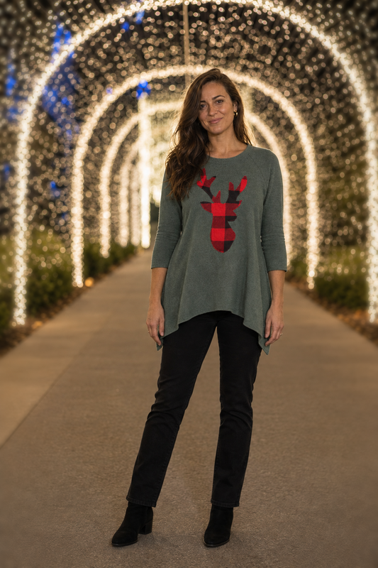 5606 Sage Buffalo Plaid Reindeer Top