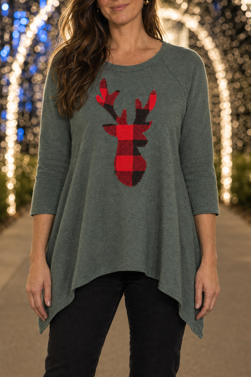 5606 Sage Buffalo Plaid Reindeer Top - hem detail