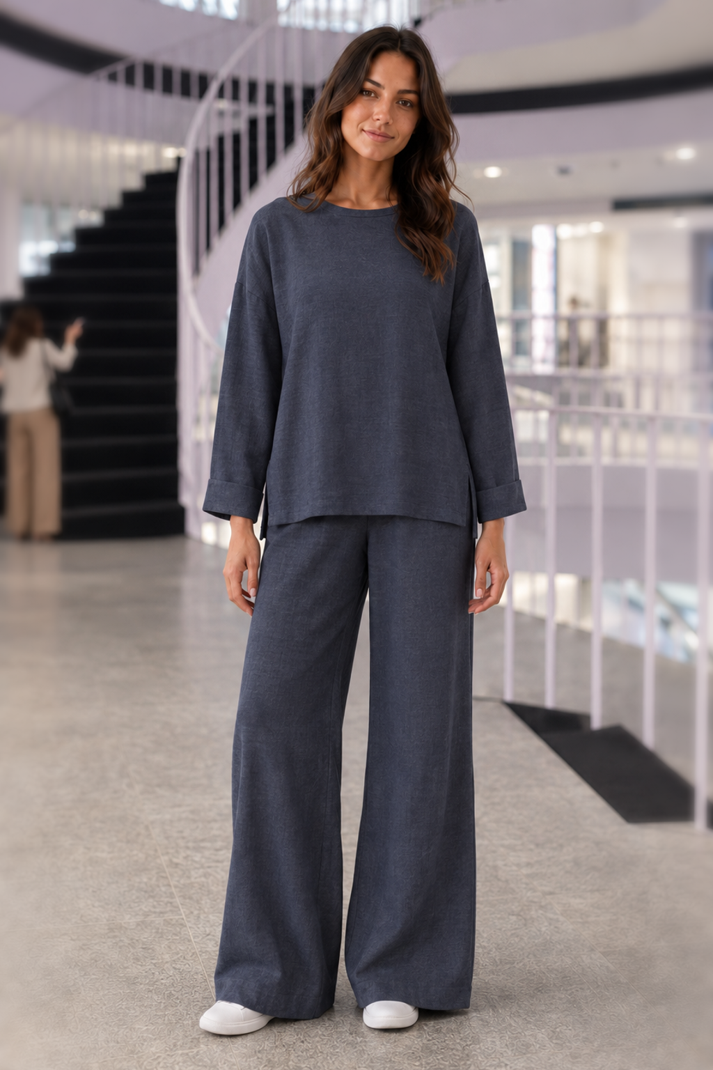 222 Navy Linen-Look Top & Wide-Leg Pants Set